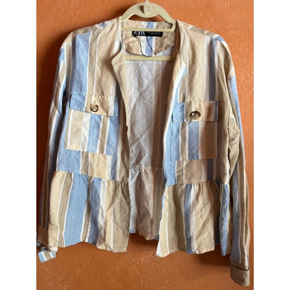 Zara Linen Blend Striped Utility Jacket Blazer Size Small Resort